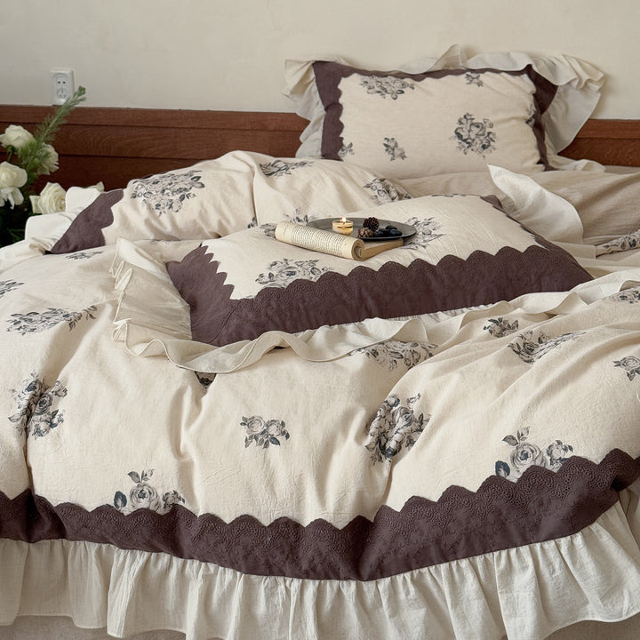 Baumwoll-Leinen Bettwäschegarnitur mit Vintage-Blumenprint, Volant und Rüschen