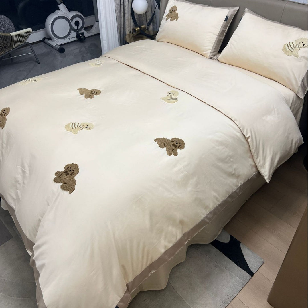 Gesticktes Plüsch Teddy Satin Bettbezug Set mit Kissenbezügen