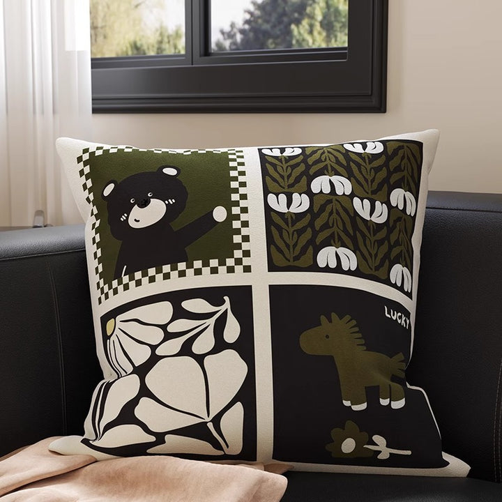 Square Velvet Accent Pillow Cover with Vintage Botanical Tapestry Print and Contrast Border