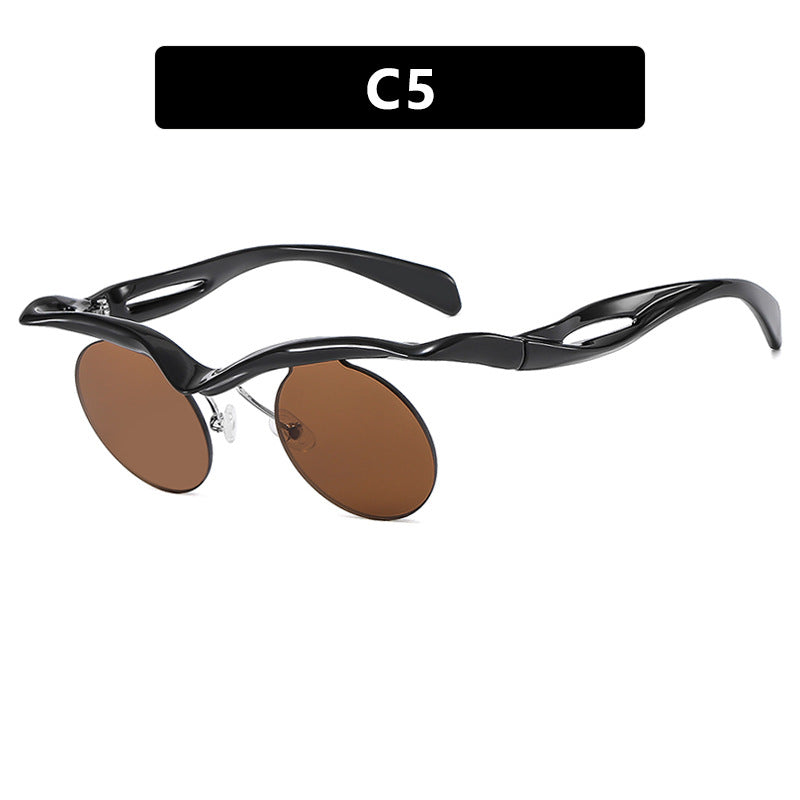 Damen futuristische Sonnenbrille mit geschwungenem Rahmen und polarisierenden Gläsern Karnz