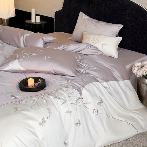 Bestickte Satin-feel Baumwollsatin Bettbezug Bettwäsche Set mit dekorativen Kissenbezügen