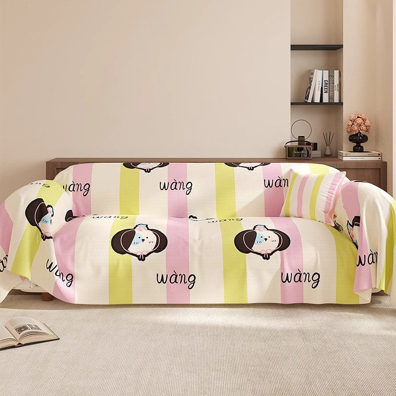 Striped Cartoon Dog Stretch Sofa Slipcover Protective Throw