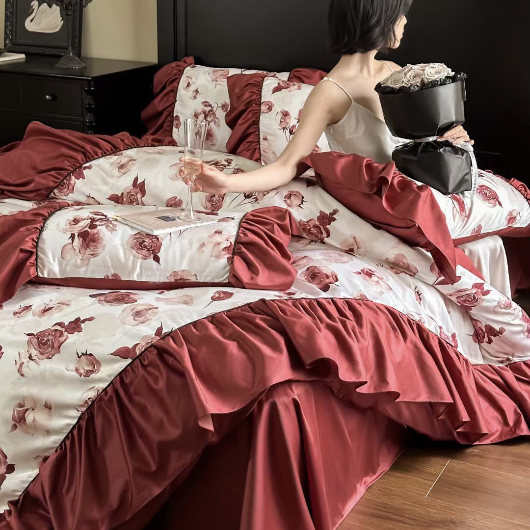 Luxuriöses Blumen-Satin-Bettwäsche-Set mit Volant, Bettrock und Kissenbezügen