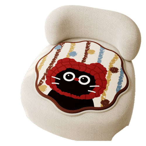 Decorative Scalloped Round Chair Seat Cushion Pad with Cartoon Cat and Polka Dot Print