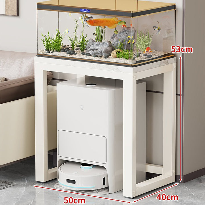 Gold-Metall-Aquarium-Konsole mit Kunstmarmorplatte und Robotersauger-Aufbewahrung