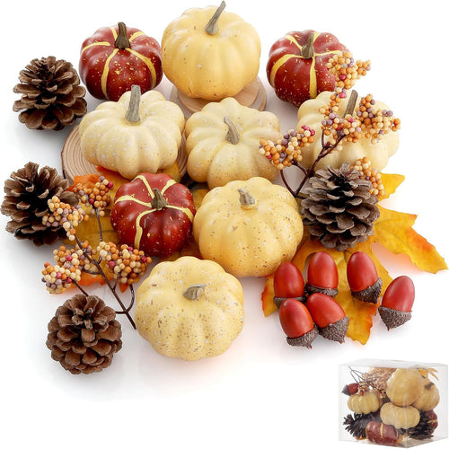 Herbstliches Deko-Set aus realistischen Kunstkürbissen, Zapfen, Eicheln und Ahornblättern
