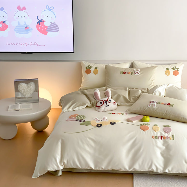 Kinder bestickte Baumwollsatin Bettbezug Set