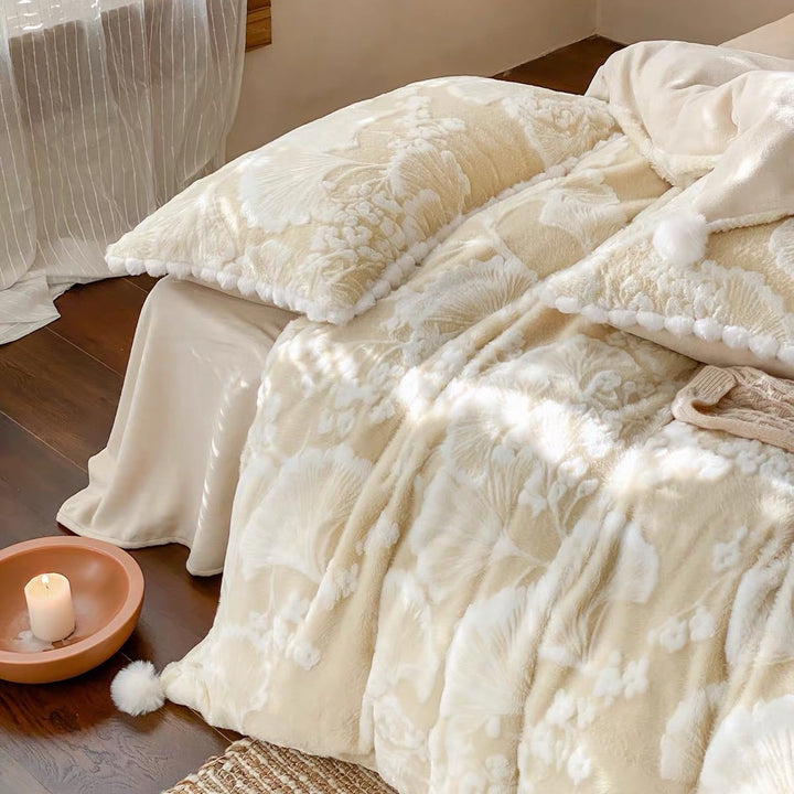 Geplüschtes Chenille Floral Bettbezug Set mit Pom-Pom Besatz