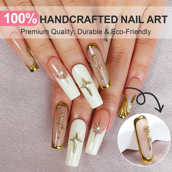 Kreatives Kunstnagelset mit goldenen Akzenten und floralen Details Karnz