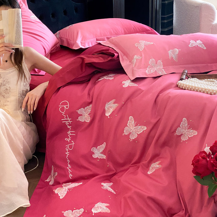 Luxus-Satin-Bettwäscheset mit bestickten Schmetterlingsapplikationen Karnz