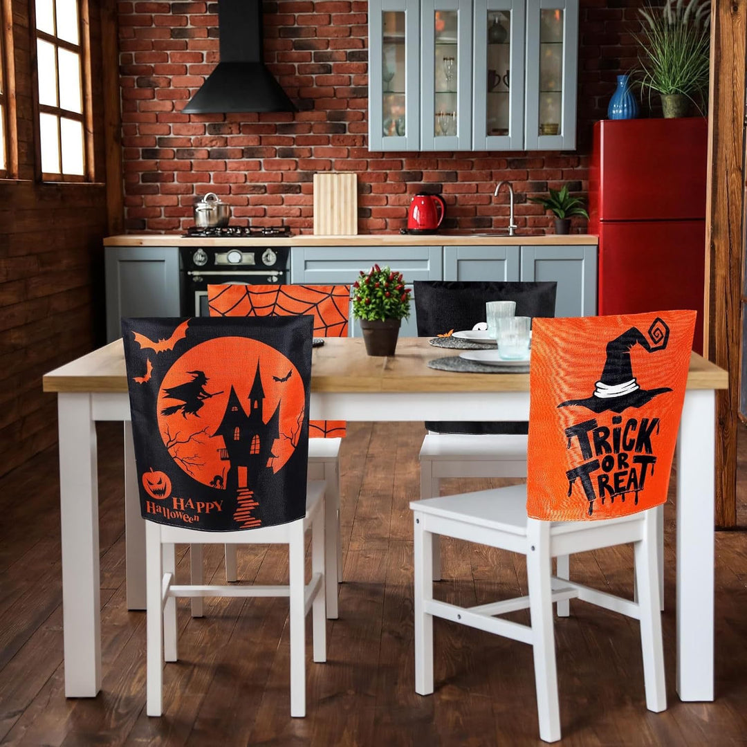 festliche Halloween-Stuhlhussen aus dehnbarem Polyester mit Hexenhut- und Schriftzug-Motiv