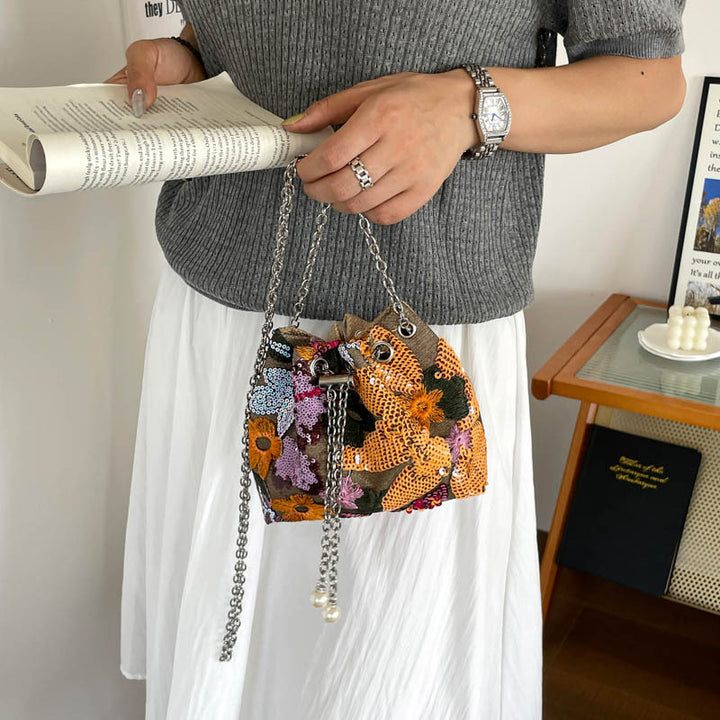 Pailletten Blumige Mini Drawstring Handtasche