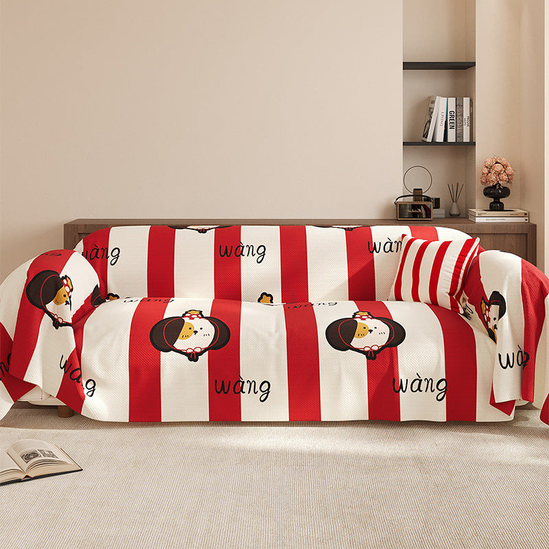 Striped Cartoon Dog Stretch Sofa Slipcover Protective Throw