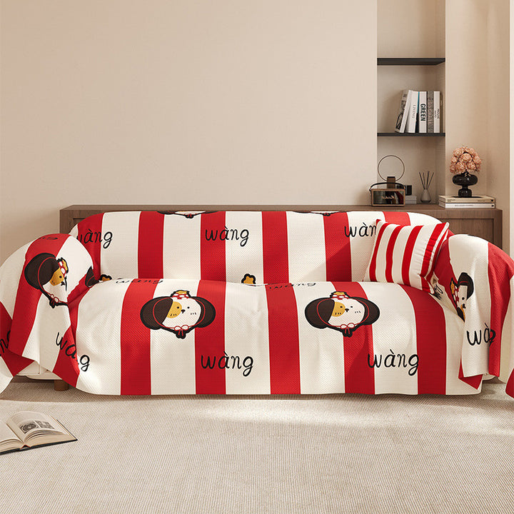 Striped Cartoon Dog Stretch Sofa Slipcover Protective Throw