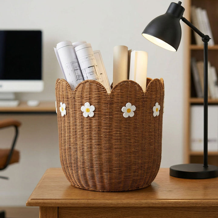 Rattankorb mit Blütenmotiv Karnz