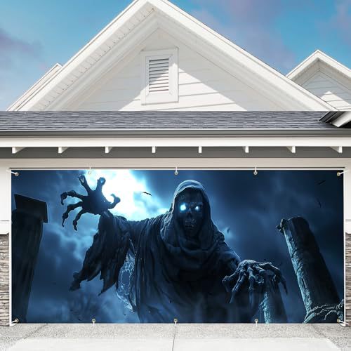 Großformatiger Halloween-Fotohintergrund aus wetterfestem Polyester mit geöstem Befestigungsrand und leuchtendem Haunted-House-Motiv