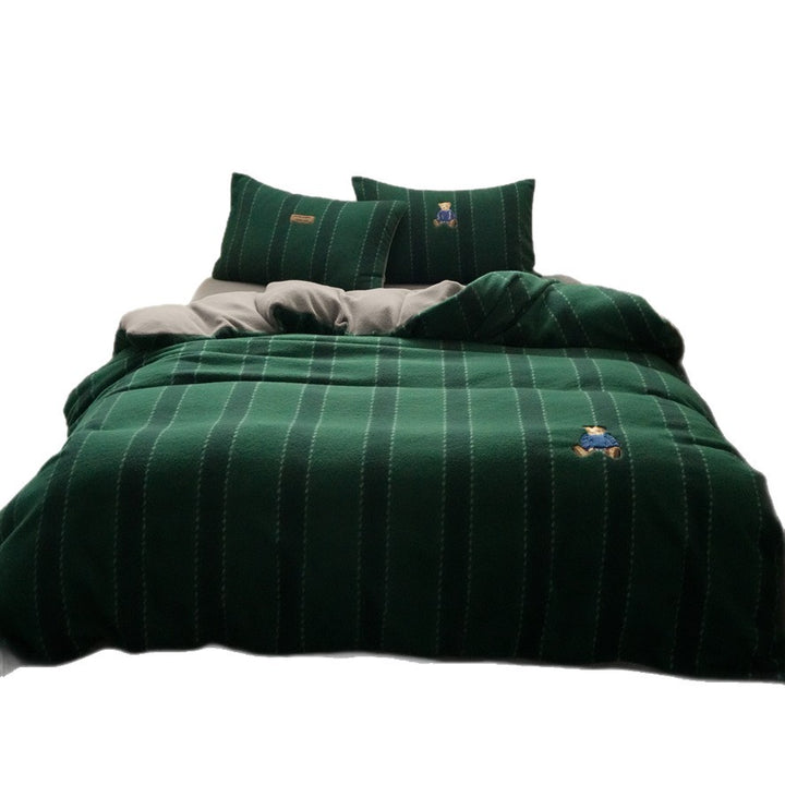 Reversible Plush Fleece Striped Duvet Cover Set with Embroidered Teddy Pillow Shams