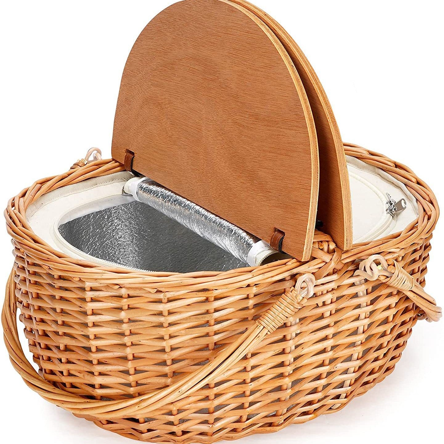 Damen Picknickkorb mit Holzdeckel und gestreiftem Futter Karnz