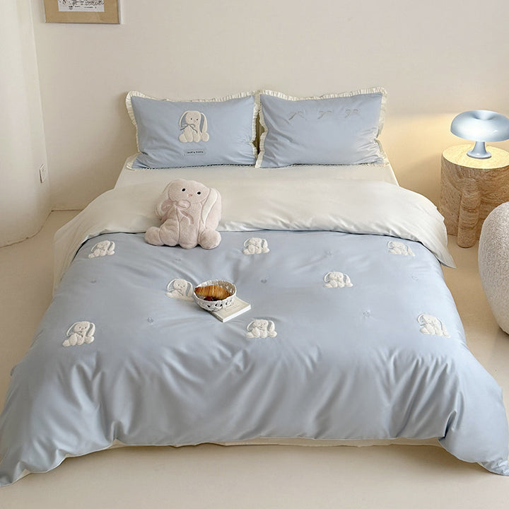 Bestickte Bunny-Applikation Baumwollsatin Bettbezug Set mit rüschigen Kissenbezügen