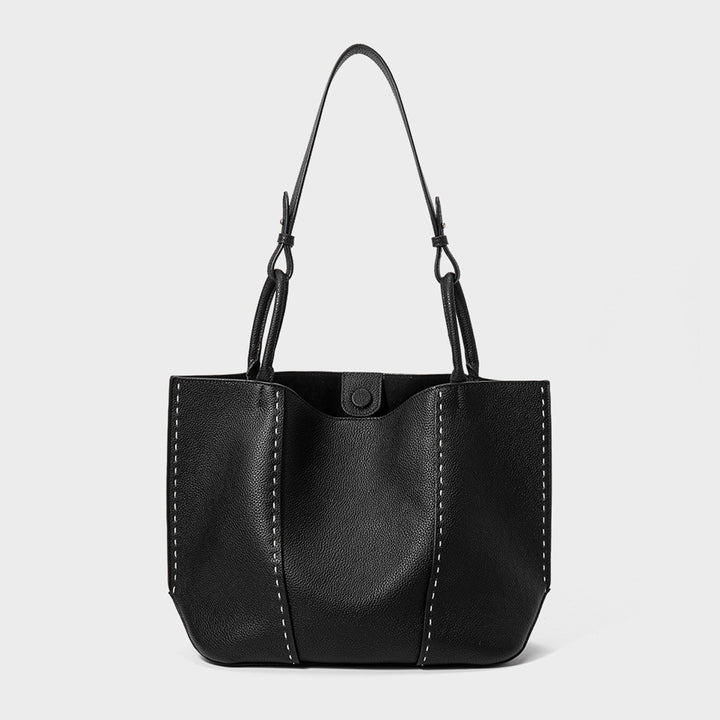 Geprägte Leder-Zwei-Henkel-Snap-Top-Tote mit Kontraststichdetails