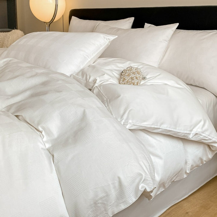 Luxuriöses Jacquard Karo Satin Bettwäsche Set mit Kissenbezügen und tiefem Spannbettlaken