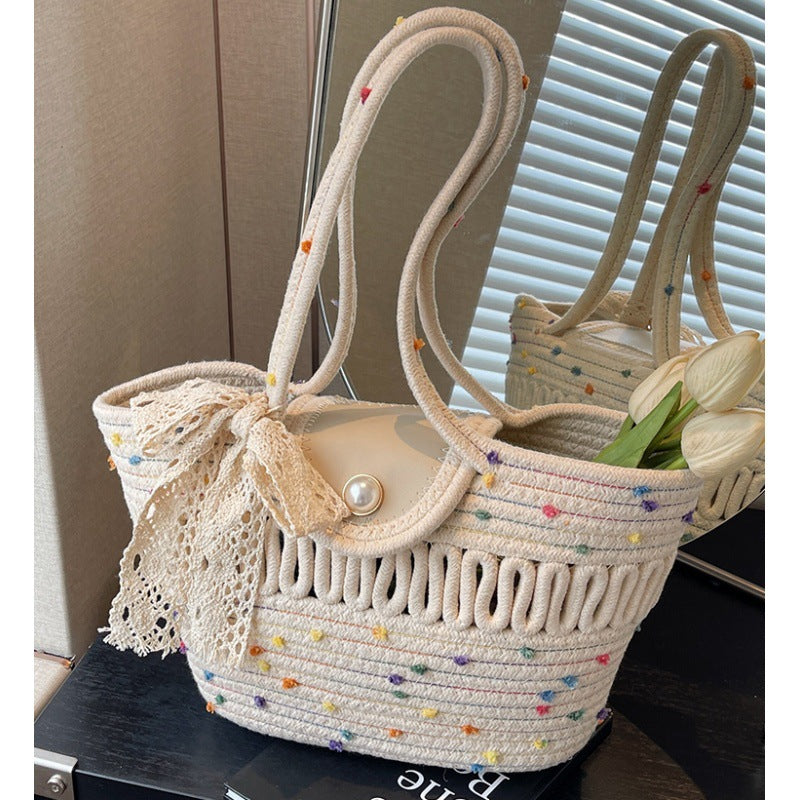 Damen Modische Handtasche mit buntem Baumwollgeflecht Karnz