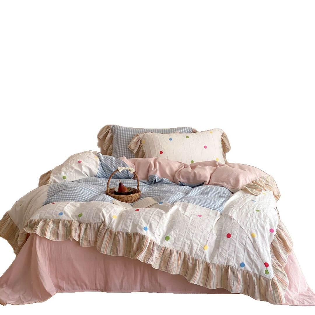 Rüsch Patchwork Pünktchen Baumwolle Bettbezug Set mit Gingham Einsatz und Kissenbezügen