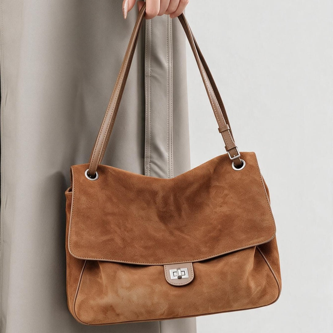 Suede Schulter Tote Bag mit Klappe und Drehverschluss