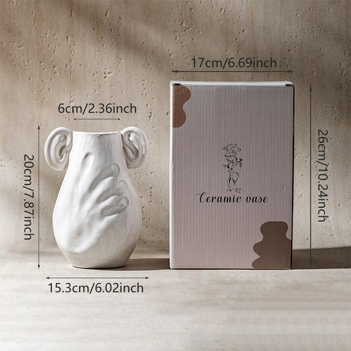 Handgefertigte Keramische Umarmungsvase mit skulpturalem Handrelief und Ohrhandgriffen