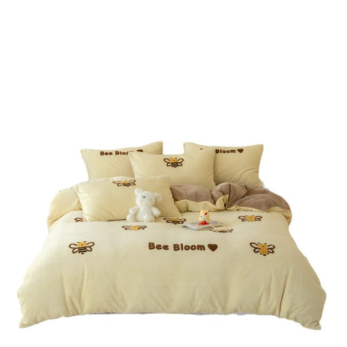 Plüsch Besticktes Fleece Bettbezugset mit Bienenmotiv und Kissenbezügen