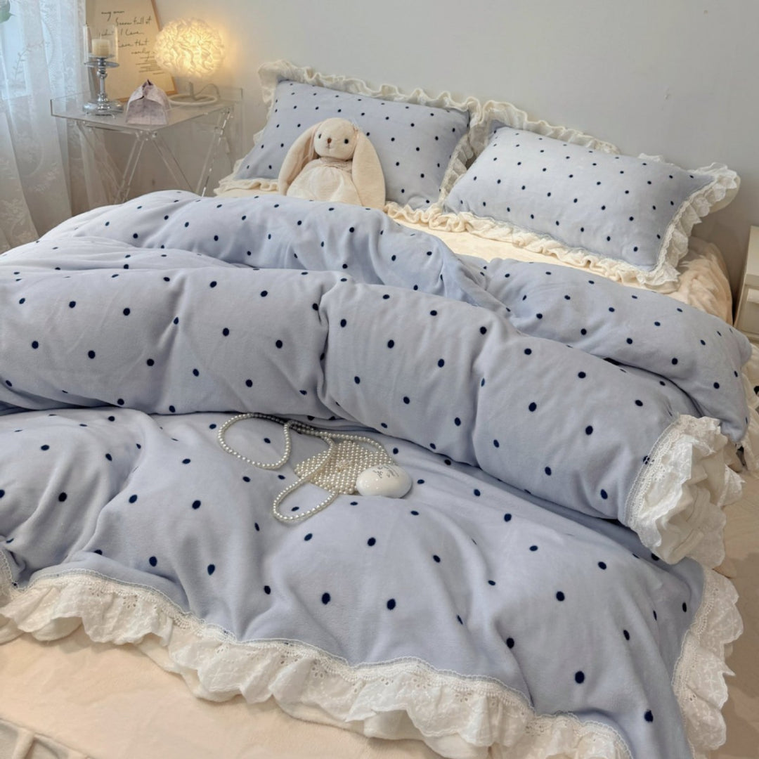 Vintage Cottage Polka-Dot Rüschenspitze Bettdeckenbezug & Kissenbezug Ensemble