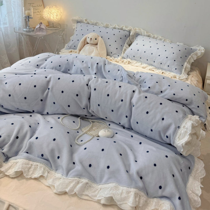 Vintage Cottage Polka-Dot Rüschenspitze Bettdeckenbezug & Kissenbezug Ensemble