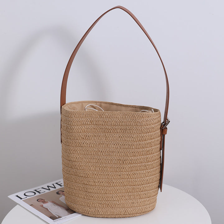Damen Runde Basttasche mit Lederhenkel Karnz