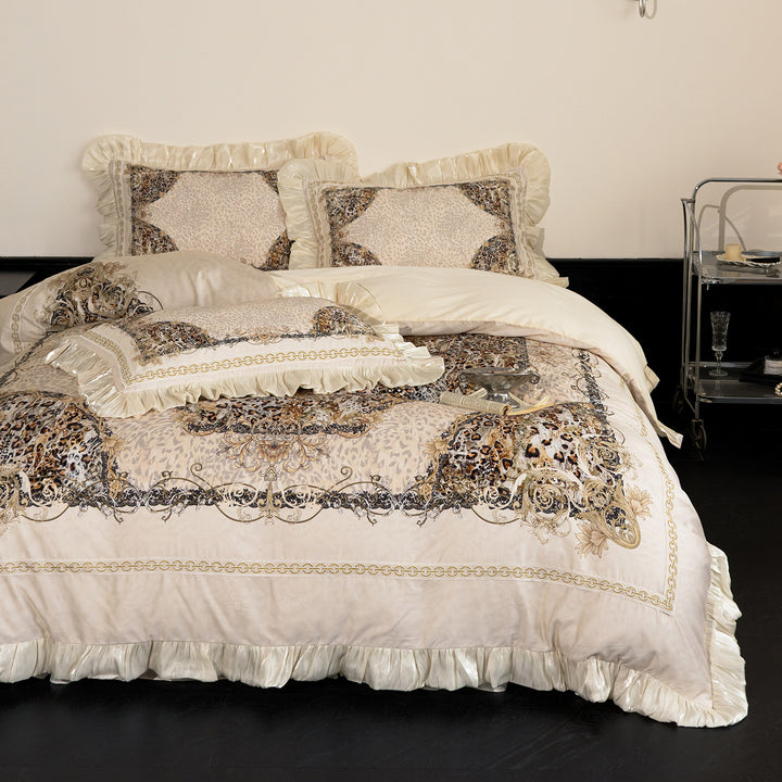 Luxuriöses Rüschensatin-besetztes Barock-Leopardenprint-Bettwäsche-Set