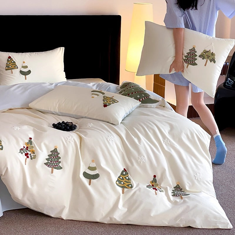 Bestickte Weihnachtsbaum Baumwollsatin Bettbezug Set