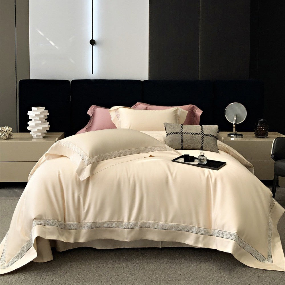 Premium-Baumwollsatin-Bettbezug-Set mit dekorativer Lochstickerei und verdecktem Hotelverschluss