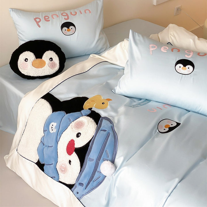 Kinderbettwäsche-Set mit gestickten dreidimensionalen Pinguinapplikationen und weichem Baumwollsatin