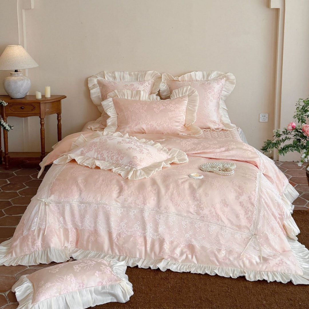 Gerüschtes Jacquard Floral Satin-Besatz Bettwäsche-Set mit Kissenbezug