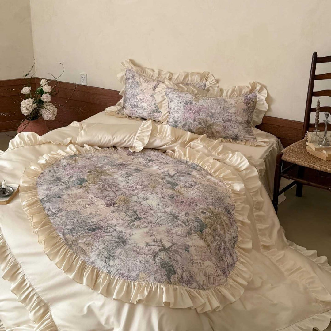 Rüschensatin-besetztes Toile-Druck Bettbezug-Set mit ovalem Mittelpanel