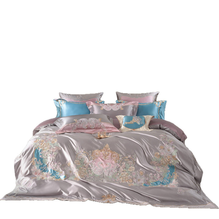 Besticktes Luxus Satin-Feel Bettbezug Set mit verstecktem Reißverschluss & Oxford Kissenbezügen