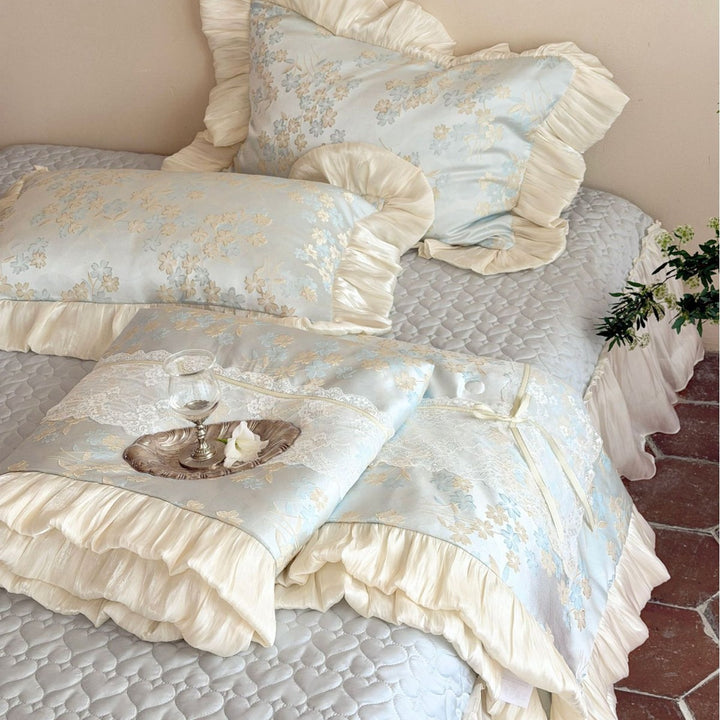 Gerüschtes Jacquard Floral Satin-Besatz Bettwäsche-Set mit Kissenbezug