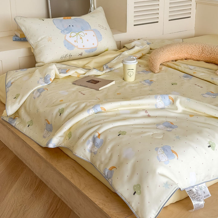 Mädchenhaftes Bettwäscheset mit Kaninchen-Illustration und satinierter Paspel