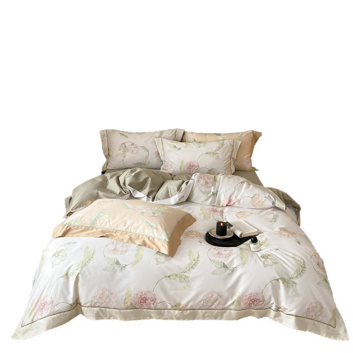 Luxuriöses Baumwollsatin-Bettwäsche-Set mit großflächigem Aquarell-Rosenmotiv und seidiger Haptik