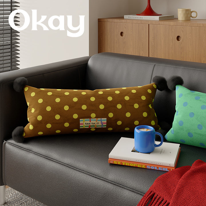 Decorative Polka Dot Lumbar Pillow with Corner Pom-Poms