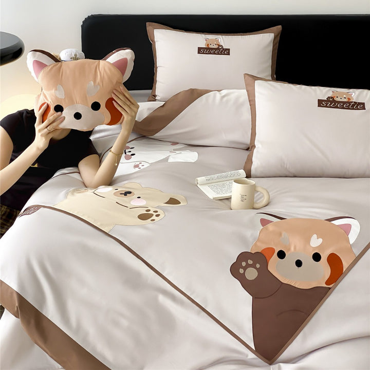 Satin Baumwoll Bettbezug Set mit süßem Tierapplikation