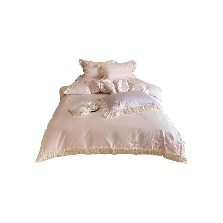 Luxus Rüschene Baumwoll-Satin Bettbezug Set mit bestickten Schmetterlings-Kissenbezügen