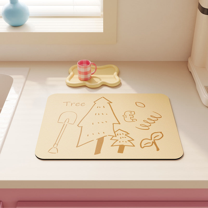 Non-Slip Heat-Resistant Kitchen Dish Drying Mat with Cute Tea Doodle Print