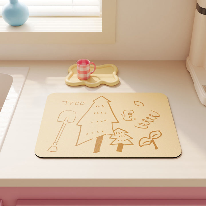 Non-Slip Heat-Resistant Kitchen Dish Drying Mat with Cute Tea Doodle Print