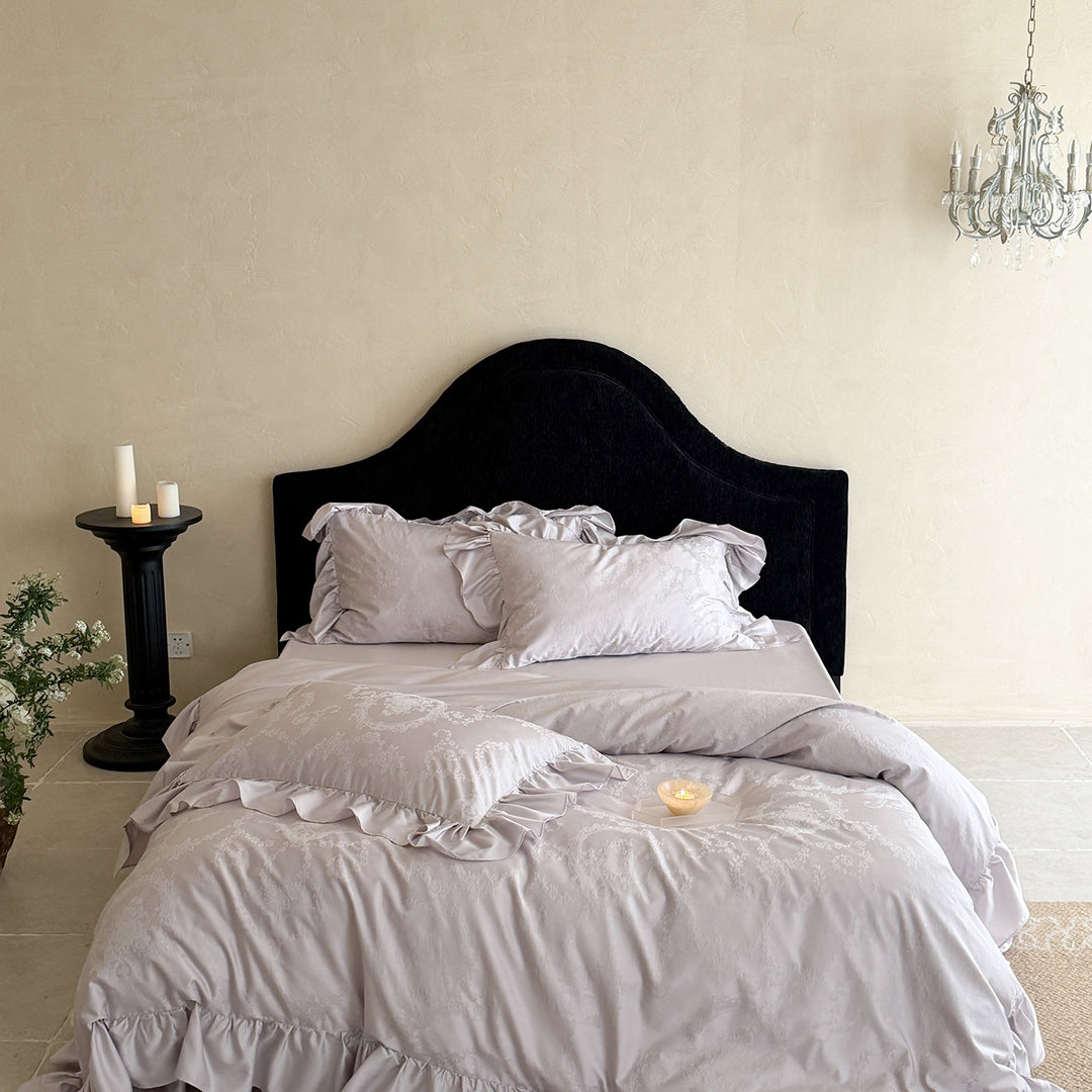 Embossed Damask Duvet Cover Set with Ruffle-Edge Shams and Reversible Sateen Lining