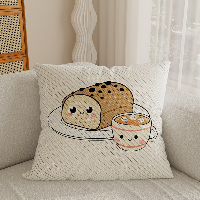 Cotton-Linen Kawaii Breakfast Bread and Coffee Illustrated Decorative Throw Pillow Cover